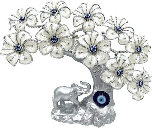 Betterdecor Blue Evil Eye التركية Nazar Lucky Forutne شجرة بونساي مع الفيل ديكور المنزل والمكتب هدية زينة (فضي أزرق) in Kuwait