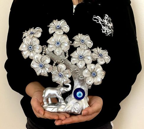 Betterdecor Blue Evil Eye التركية Nazar Lucky Forutne شجرة بونساي مع الفيل ديكور المنزل والمكتب هدية زينة (فضي أزرق) in Kuwait