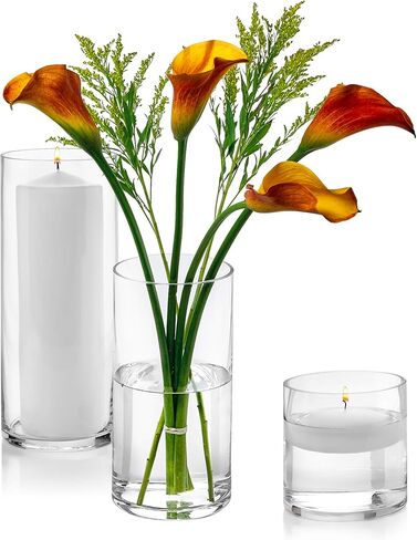 مجموعة من 3 مزهريات أسطوانية زجاجية 4، 8، 25.4 سم طول - متعددة الاستخدامات: شمعة عمودية، حوامل شموع طافية أو مزهرية زهرية - مثالية كزينة مركزية للزفاف. in Kuwait