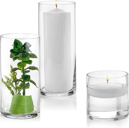 مجموعة من 3 مزهريات أسطوانية زجاجية 4، 8، 25.4 سم طول - متعددة الاستخدامات: شمعة عمودية، حوامل شموع طافية أو مزهرية زهرية - مثالية كزينة مركزية للزفاف. in Kuwait