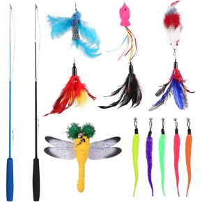 مجموعة ألعاب ريش القطط من POPETPOP - عصا دعابة تفاعلية قابلة للسحب مع 12 عبوة من الريش والديدان وصيد اليعسوب للقطط والقطط in Kuwait