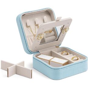 Vlando Small Travel Jewelry Box Organizer - Mirrored Jewelries Necklaces Rings Earrings Necklace Storage Case, Baby Blue
