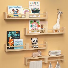 Boswillon Dual-Guard Nursery Book Shelves Set of 4, Wood Floating Shelves for Nursery Room Wall Decor, Wall Mount Kids Bookshelf for Baby Bedroom Storage, Toddler Toy Hanging Wall Organizer - White