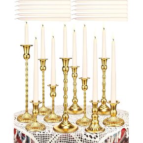 Suclain 24 Pcs Gold Candlestick Holders and Taper Candles Set 12 Vintage Taper Candle Holders with 12 White Tall Candles Mixed Decorative Candle Holders Modern Classic Centerpiece for Wedding Birthday in Saudi Arabia