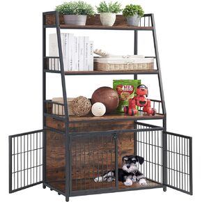 Sufulaa Furniture Style Dog Crate for Small Dog, Heavy Duty Anti-Chew Dog Kennel Furniture with 3 Doors, Wooden Indoor Basic Dog Cage with 3-Layer Storage Shelves (Rustic Brown Wood Grain, Small) in Kuwait