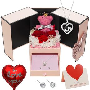 Onory Preserved Rose Bear Gifts Set Includes Necklace with Heart-Shaped I Love You in 100 Languages for Mom Women Wife Mother's Day Valentine's Day Birthday