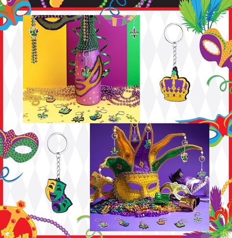 Jadive 36 Pcs Mardi Gras Decorations PVC Keychains Mardi Gras Theme Party Supplies Feather Masquerade Masks, Crowns, Fleurs-De-Lis, Mardi Gras Beads Chains (Mask) in Saudi Arabia