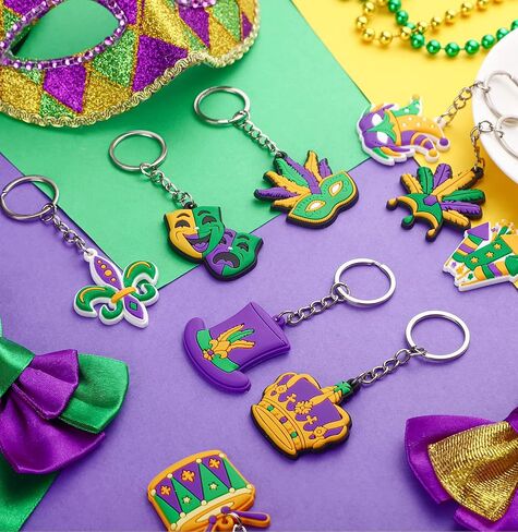 Jadive 36 Pcs Mardi Gras Decorations PVC Keychains Mardi Gras Theme Party Supplies Feather Masquerade Masks, Crowns, Fleurs-De-Lis, Mardi Gras Beads Chains (Mask) in Saudi Arabia