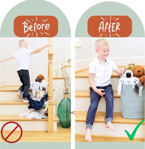 Stair Basket for Carpeted & Wooden Stairs - Cotton Rope Basket Staircase Handles - Storage Stair Steps For Laundry, Toys, Nursery Caddy - Fog Grey 15.75" L x 7.87" W x 15.75 "H in Saudi Arabia