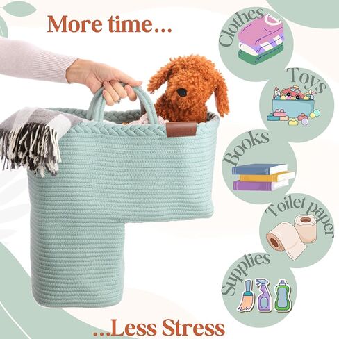 Stair Basket for Carpeted & Wooden Stairs - Cotton Rope Basket Staircase Handles - Storage Stair Steps For Laundry, Toys, Nursery Caddy - Fog Grey 15.75" L x 7.87" W x 15.75 "H in Saudi Arabia
