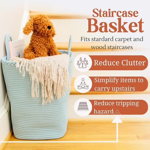 Stair Basket for Carpeted & Wooden Stairs - Cotton Rope Basket Staircase Handles - Storage Stair Steps For Laundry, Toys, Nursery Caddy - Fog Grey 15.75" L x 7.87" W x 15.75 "H in Saudi Arabia