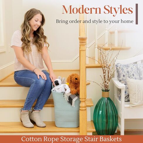 Stair Basket for Carpeted & Wooden Stairs - Cotton Rope Basket Staircase Handles - Storage Stair Steps For Laundry, Toys, Nursery Caddy - Fog Grey 15.75" L x 7.87" W x 15.75 "H in Saudi Arabia