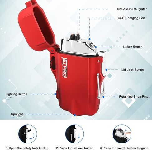 ولاعة JETPRO مقاومة للرياح ولاعة بلازما مزدوجة القوس قابلة لإعادة الشحن ولاعة عديمة اللهب مع صافرة طوارئ وحبل (أسود) in Kuwait