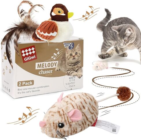 2 Pack Interactive Cat Toy Mouse, Real Chirping Bird Electronic Sound, Moving Automatic Cat Toys Mice Electronic with Furry Tail, Automatic Squeaky Cat Toys in Kuwait