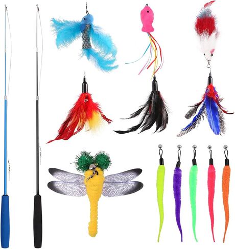 مجموعة ألعاب ريش القطط من POPETPOP - عصا دعابة تفاعلية قابلة للسحب مع 12 عبوة من الريش والديدان وصيد اليعسوب للقطط والقطط in Kuwait