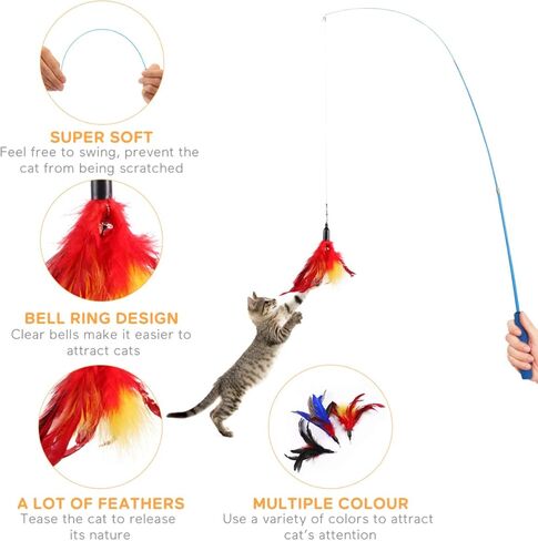 مجموعة ألعاب ريش القطط من POPETPOP - عصا دعابة تفاعلية قابلة للسحب مع 12 عبوة من الريش والديدان وصيد اليعسوب للقطط والقطط in Kuwait