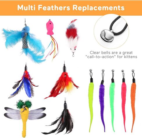 مجموعة ألعاب ريش القطط من POPETPOP - عصا دعابة تفاعلية قابلة للسحب مع 12 عبوة من الريش والديدان وصيد اليعسوب للقطط والقطط in Kuwait