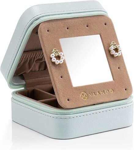 Vlando Small Travel Jewelry Box Organizer - Mirrored Jewelries Necklaces Rings Earrings Necklace Storage Case, Baby Blue in Saudi Arabia