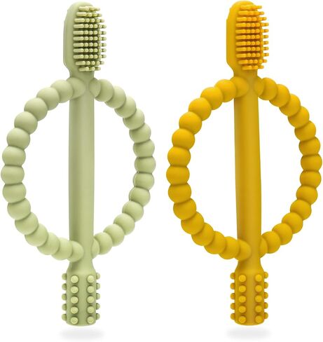 Baby Teething Toys with Easy-Hold Handle, Silicone Infant Toothbrush, Textured On Both Sides Helps Massage, Soothe Sore Gums, Teething Toys for Babies 0-6 Months, 6-12 Months Bright Green & Caramel in Saudi Arabia