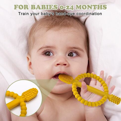 Baby Teething Toys with Easy-Hold Handle, Silicone Infant Toothbrush, Textured On Both Sides Helps Massage, Soothe Sore Gums, Teething Toys for Babies 0-6 Months, 6-12 Months Bright Green & Caramel in Saudi Arabia