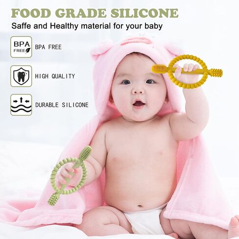 Baby Teething Toys with Easy-Hold Handle, Silicone Infant Toothbrush, Textured On Both Sides Helps Massage, Soothe Sore Gums, Teething Toys for Babies 0-6 Months, 6-12 Months Bright Green & Caramel in Saudi Arabia
