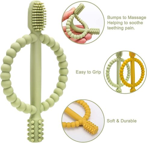 Baby Teething Toys with Easy-Hold Handle, Silicone Infant Toothbrush, Textured On Both Sides Helps Massage, Soothe Sore Gums, Teething Toys for Babies 0-6 Months, 6-12 Months Bright Green & Caramel in Saudi Arabia
