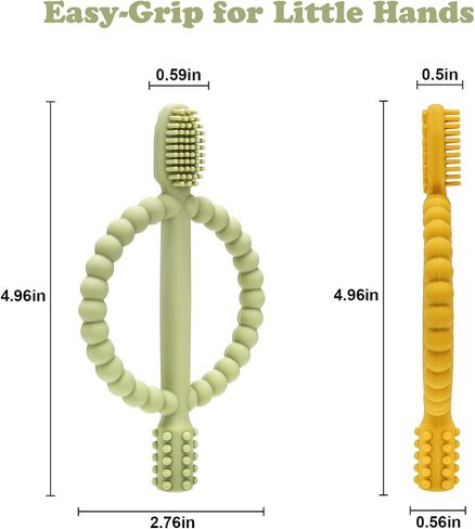 Baby Teething Toys with Easy-Hold Handle, Silicone Infant Toothbrush, Textured On Both Sides Helps Massage, Soothe Sore Gums, Teething Toys for Babies 0-6 Months, 6-12 Months Bright Green & Caramel in Saudi Arabia