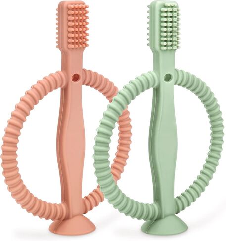 Baby Teething Toys with Easy-Hold Handle, Silicone Infant Toothbrush, Textured On Both Sides Helps Massage, Soothe Sore Gums, Teething Toys for Babies 0-6 Months, 6-12 Months Bright Green & Caramel in Saudi Arabia