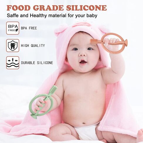 Baby Teething Toys with Easy-Hold Handle, Silicone Infant Toothbrush, Textured On Both Sides Helps Massage, Soothe Sore Gums, Teething Toys for Babies 0-6 Months, 6-12 Months Bright Green & Caramel in Saudi Arabia