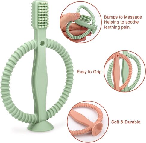 Baby Teething Toys with Easy-Hold Handle, Silicone Infant Toothbrush, Textured On Both Sides Helps Massage, Soothe Sore Gums, Teething Toys for Babies 0-6 Months, 6-12 Months Bright Green & Caramel in Saudi Arabia