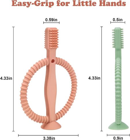 Baby Teething Toys with Easy-Hold Handle, Silicone Infant Toothbrush, Textured On Both Sides Helps Massage, Soothe Sore Gums, Teething Toys for Babies 0-6 Months, 6-12 Months Bright Green & Caramel in Saudi Arabia