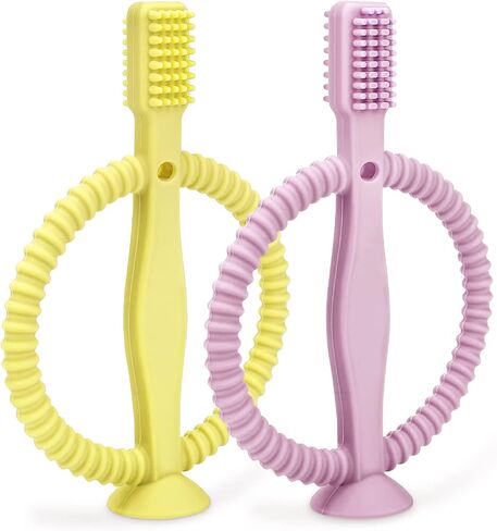 Baby Teething Toys with Easy-Hold Handle, Silicone Infant Toothbrush, Textured On Both Sides Helps Massage, Soothe Sore Gums, Teething Toys for Babies 0-6 Months, 6-12 Months Bright Green & Caramel in Saudi Arabia