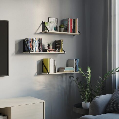 Wallniture Bora Floating Shelves for Wall Storage, 24"x6" Floating Bookshelf Set of 3, Natural Wood Wall Shelves for Living Room, Bedroom, Bathroom, Kitchen in Saudi Arabia