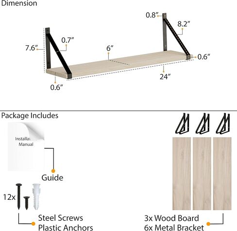 Wallniture Bora Floating Shelves for Wall Storage, 24"x6" Floating Bookshelf Set of 3, Natural Wood Wall Shelves for Living Room, Bedroom, Bathroom, Kitchen in Saudi Arabia