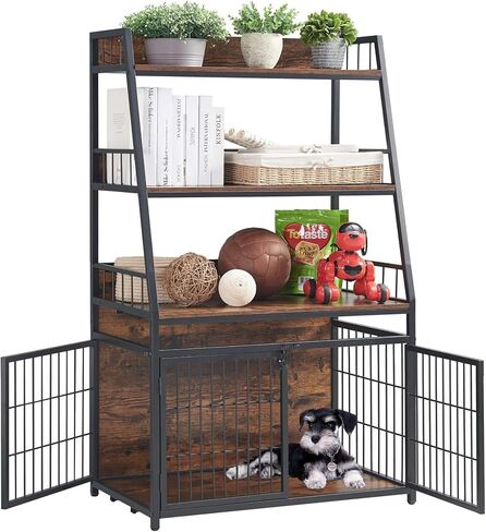 Sufulaa Furniture Style Dog Crate for Small Dog, Heavy Duty Anti-Chew Dog Kennel Furniture with 3 Doors, Wooden Indoor Basic Dog Cage with 3-Layer Storage Shelves (Rustic Brown Wood Grain, Small) in Kuwait