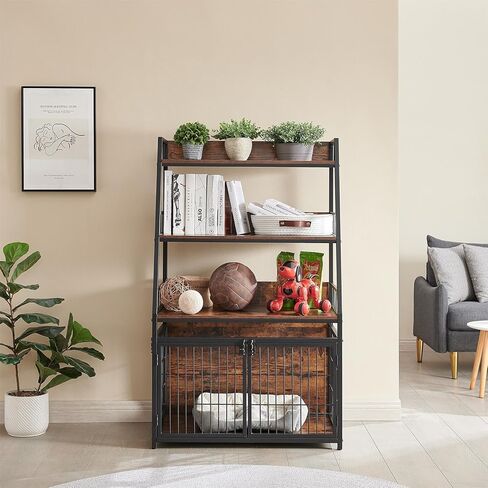 Sufulaa Furniture Style Dog Crate for Small Dog, Heavy Duty Anti-Chew Dog Kennel Furniture with 3 Doors, Wooden Indoor Basic Dog Cage with 3-Layer Storage Shelves (Rustic Brown Wood Grain, Small) in Kuwait