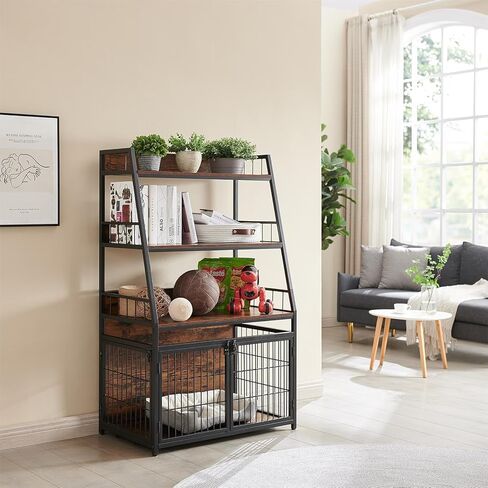 Sufulaa Furniture Style Dog Crate for Small Dog, Heavy Duty Anti-Chew Dog Kennel Furniture with 3 Doors, Wooden Indoor Basic Dog Cage with 3-Layer Storage Shelves (Rustic Brown Wood Grain, Small) in Kuwait