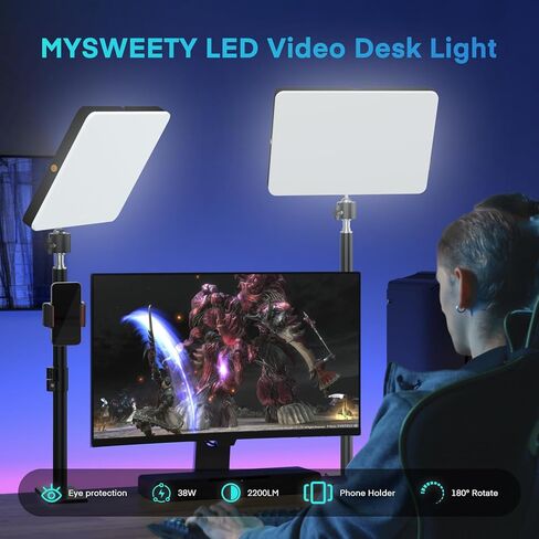 MYSWEETY Streaming Key Light، 9 بوصات LED مكتب فيديو مع C-Clamp، 8 ألوان RGB 3200K-5500K قابلة للتعتيم مع جهاز التحكم عن بعد وحامل الهاتف، لوحة ضوء للبث المباشر، إضاءة التصوير الفوتوغرافي في الاستوديو (عبوة واحدة) in Kuwait