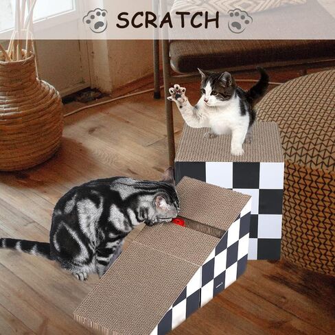 FluffyDream Cat Scratching Board with Ball, Triangle Cat Scratching Cardboard, Multiple Scratching Angles, 2-in-1 Scratching Lounge Bed, Recyclable and Durable, Furniture Protector, Black and White in Kuwait
