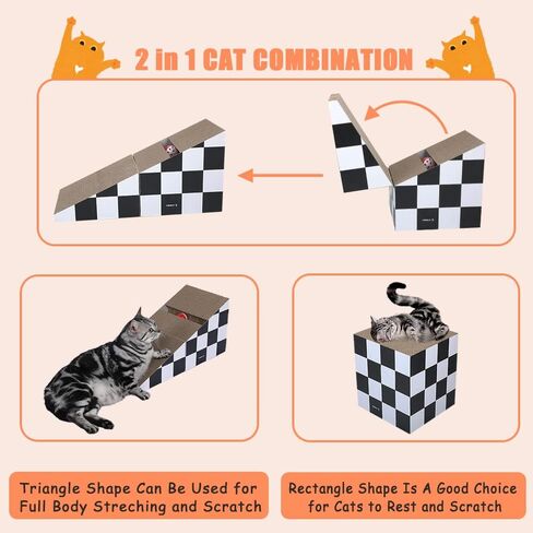 FluffyDream Cat Scratching Board with Ball, Triangle Cat Scratching Cardboard, Multiple Scratching Angles, 2-in-1 Scratching Lounge Bed, Recyclable and Durable, Furniture Protector, Black and White in Kuwait