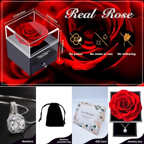SereneLane Preserved Red Real Rose Necklace Jewelry Box Valentine's Day Christmas Birthday Wedding Anniversary Thanksgiving Gift for Mother Grandma Wife Girlfriend (Red) in Saudi Arabia