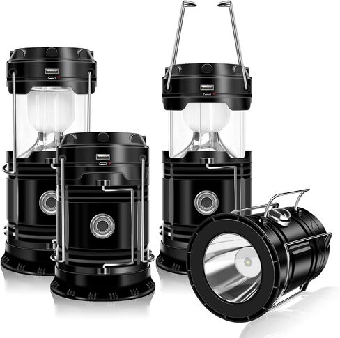 DIBMS 4-Pack Solar Camping Lantern, Collapsible Flashlight Emergency Lights | LED Solar USB Rechargeable Lamp Folding Tent Hanging Lights Survival Kits for Hurricanes Power Outages Indoor Outdoor (Black) in Kuwait