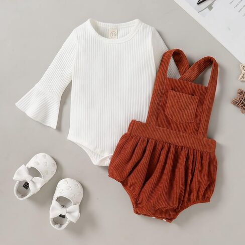 Newborn Baby Girl Clothes Bell Sleeve Romper and Corduroy Overalls Shorts Infant Girl Fall Outfits in Saudi Arabia
