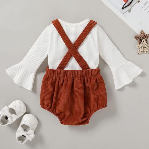 Newborn Baby Girl Clothes Bell Sleeve Romper and Corduroy Overalls Shorts Infant Girl Fall Outfits in Saudi Arabia