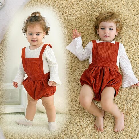 Newborn Baby Girl Clothes Bell Sleeve Romper and Corduroy Overalls Shorts Infant Girl Fall Outfits in Saudi Arabia