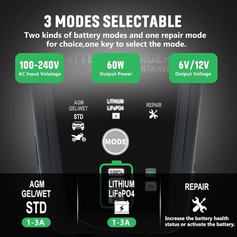 شاحن بطارية Aorika 3 أمبير - شاحن بطارية سيارات ذكي 6 فولت/12 فولت، شاحن تلقائي بالكامل ومحافظ للسيارة والدراجات النارية والقوارب وحمض الرصاص والليثيوم وبطارية LiFePo4 in Kuwait