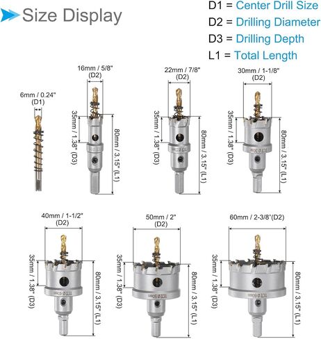 CoCud TCT Hole Saw Kit, 5/8" to 2-3/8" Diameter, Carbide Metal Hole Drill Set - (Applications: for Stainless Steel, Iron, Alloys), 6-Pieces in Saudi Arabia