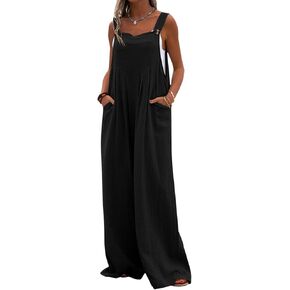 imbpceu Women Wide Leg Overalls Sleeveless Jumpsuits Loose Solid Color Suspender Comfy Baggy Button Rompers with Pockets