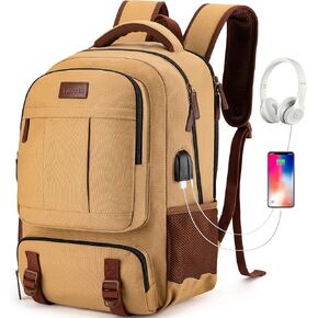 Tzowla Canvas Laptop Backpack, Bag for Men Women,Travel Work Rucksack Fits 15.6 Inch Laptop, Bookbag with USB Charging Port