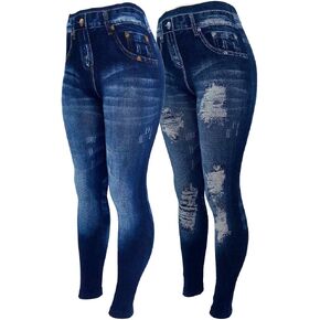 CLOYA Women's Denim Print Seamless Full Leggings for All Seasons - One Size Fits Large & X-Large in Kuwait